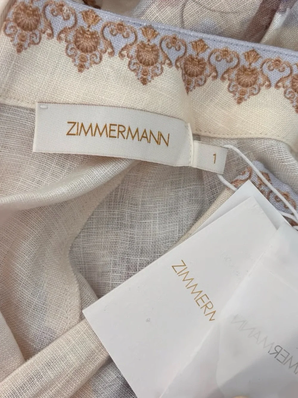 Zimmermann Cream and Light Blue Floral Scroll Tie-Waist Mini Dress